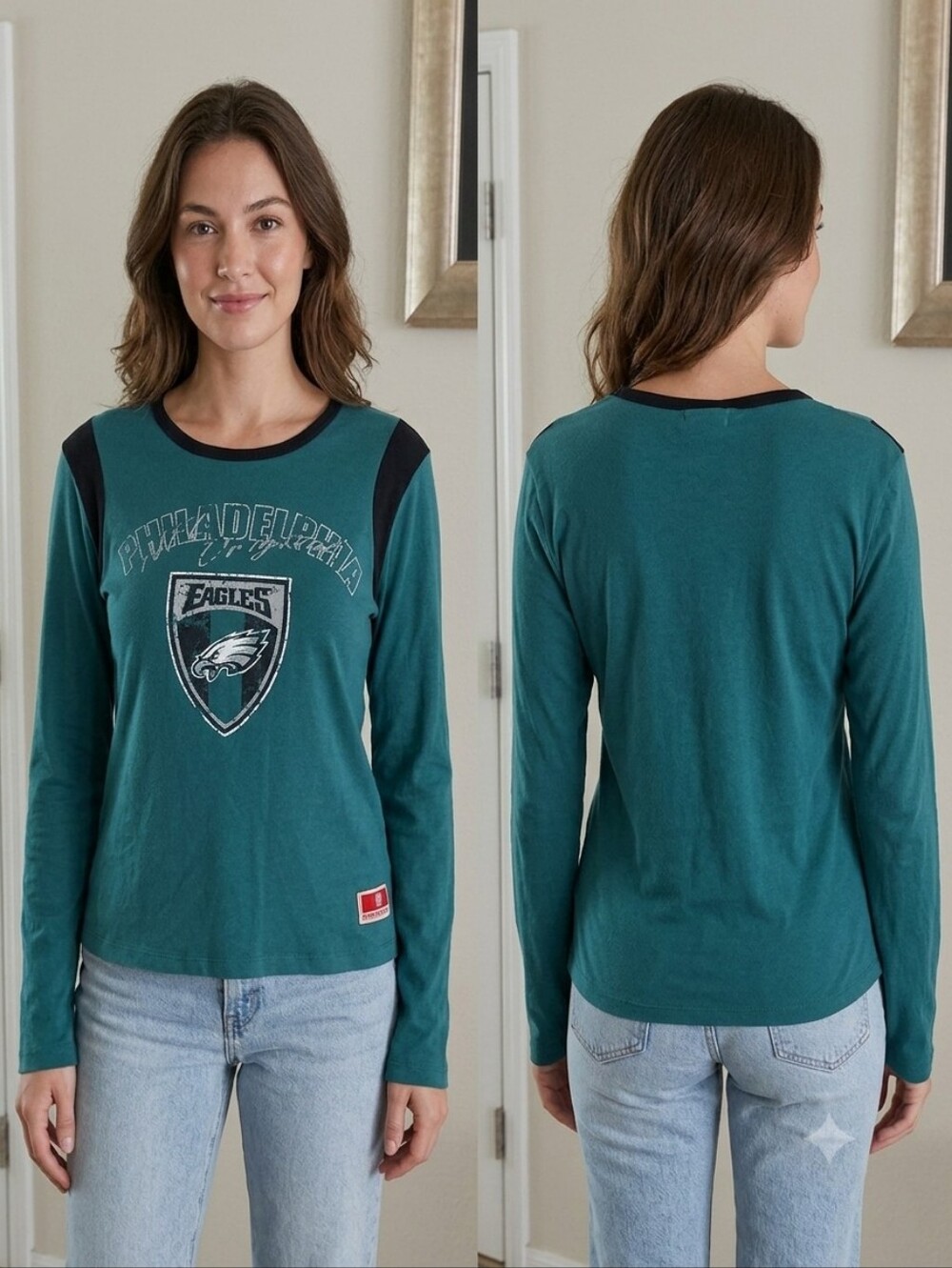 NFL Women's Long-Sleeve Tee in Teal with Black Trim